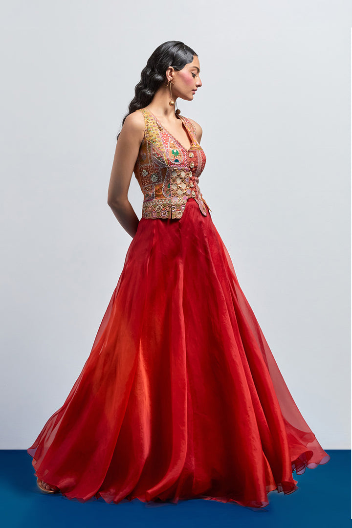 Burnt orange embroidered corset skirt set