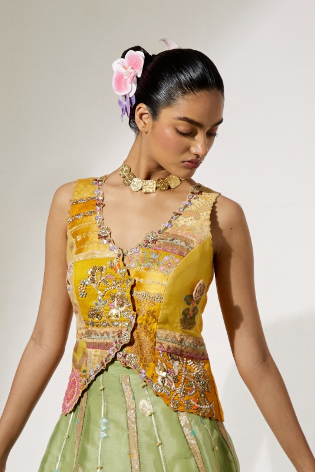 Yellow Organza Skirt with Floral Thread Embroidery+Mustard Patchwork Embroidered Corset Vest