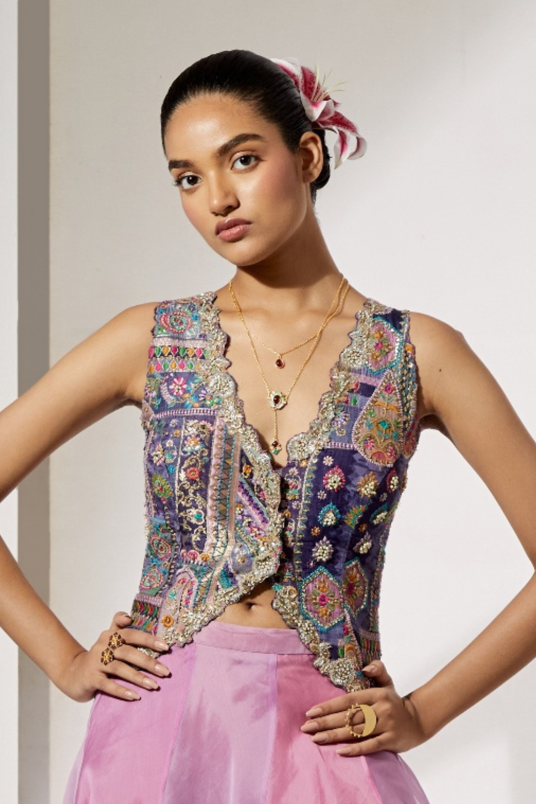 Dusty Mauve Embroidered Organza Skirt+Indigo Folk Art Handwork Cropped Vest