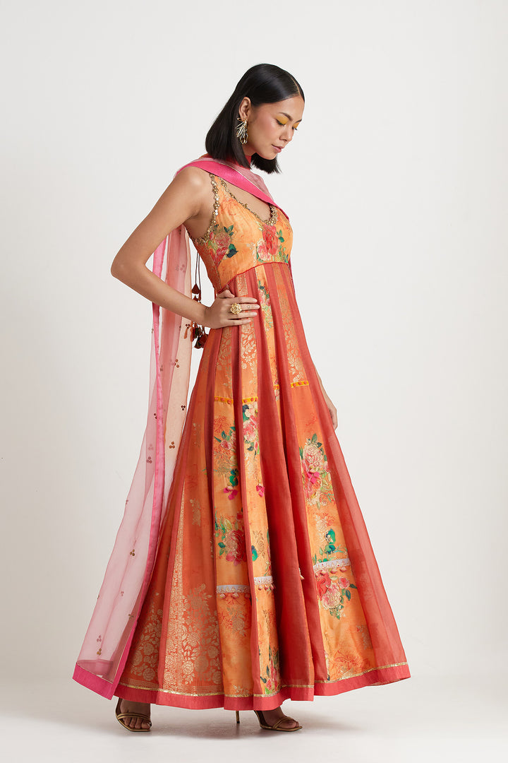 Orange printed anarkali gown with dupatta