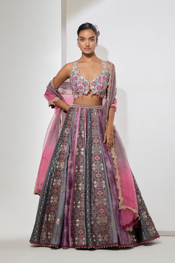 Lilac Patchwork Lehenga Set with Floral Embellished Bralette &amp; Ombre Dupatta