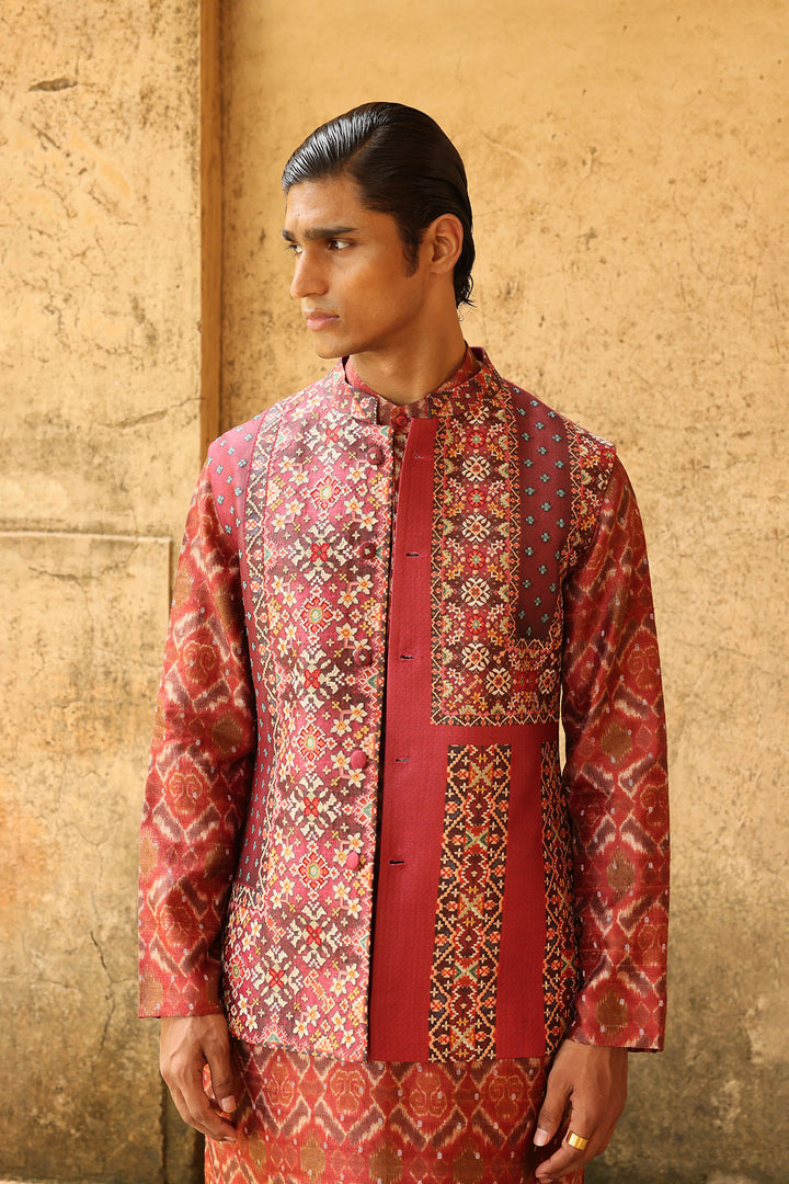 Rust Ikat Silk Bundi Set