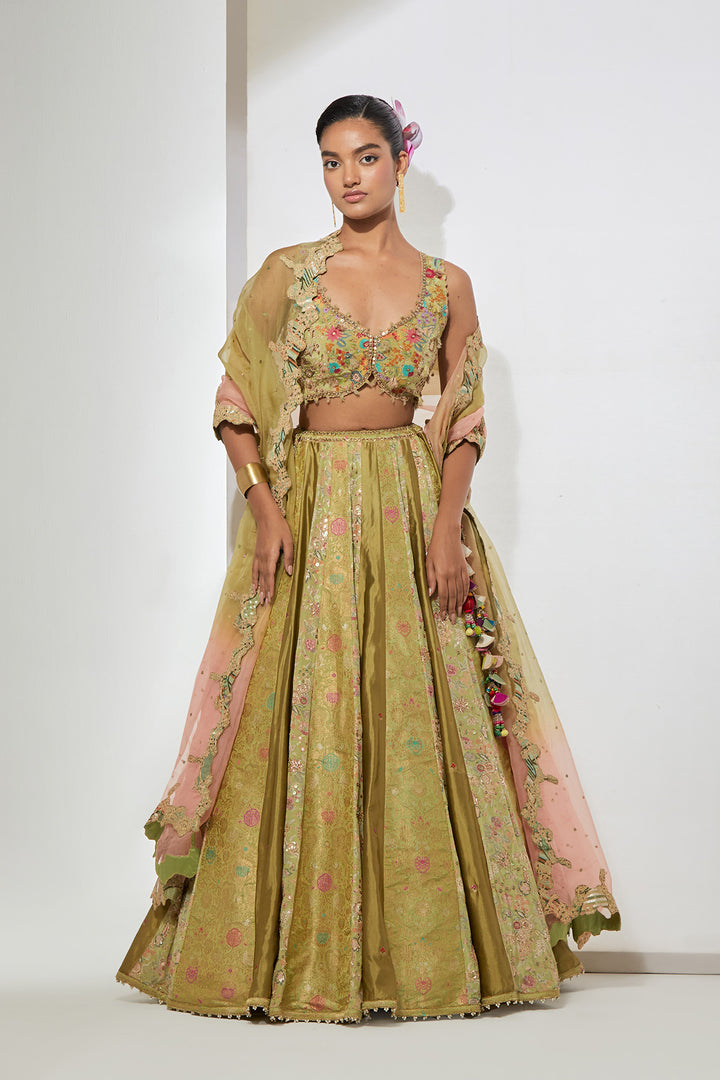 Lime Brocade Lehenga Set with Embellished Bralette &amp; Organza Dupatta