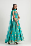 Aqua printed embroidered anarkali with dupatta