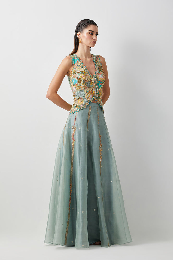 Aqua embroidered skirt corset set