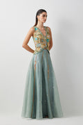 Aqua embroidered skirt corset set
