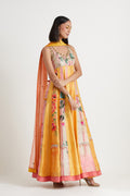 Yellow pink printed embroidered anarkali gown with dupatta