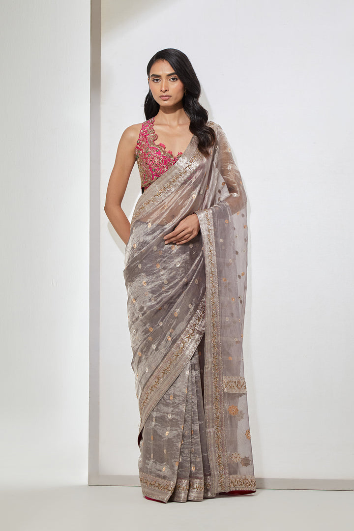 Ash Grey Tissue Organza Saree with Zardozi Border &amp; Hot Pink Embroidered Blouse