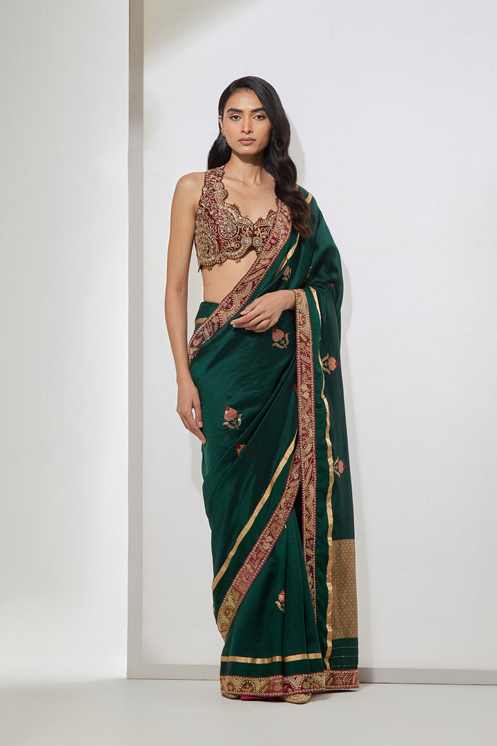 Emerald Green Embroidered Saree With Heavy Zardozi Blouse