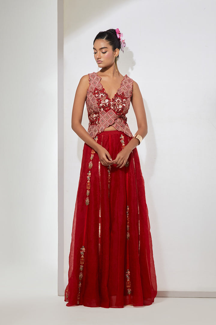 Gulab Crimson Hand-Embroidered Silk Corset &amp; Organza Skirt