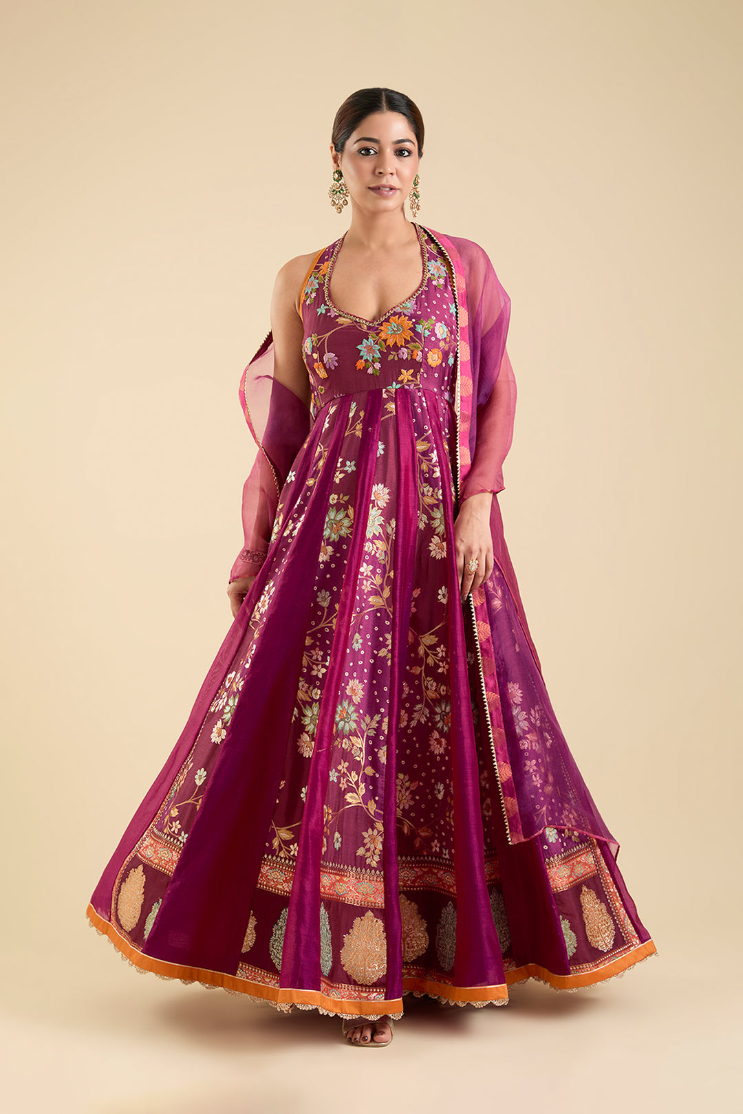 Plum Floral Embroidered Anarkali Set with Organza Dupatta | RTS