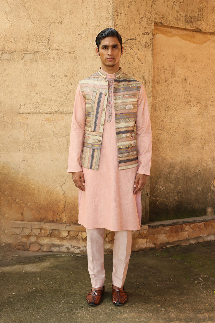 Blush kurta set with Linear embroidered jacket