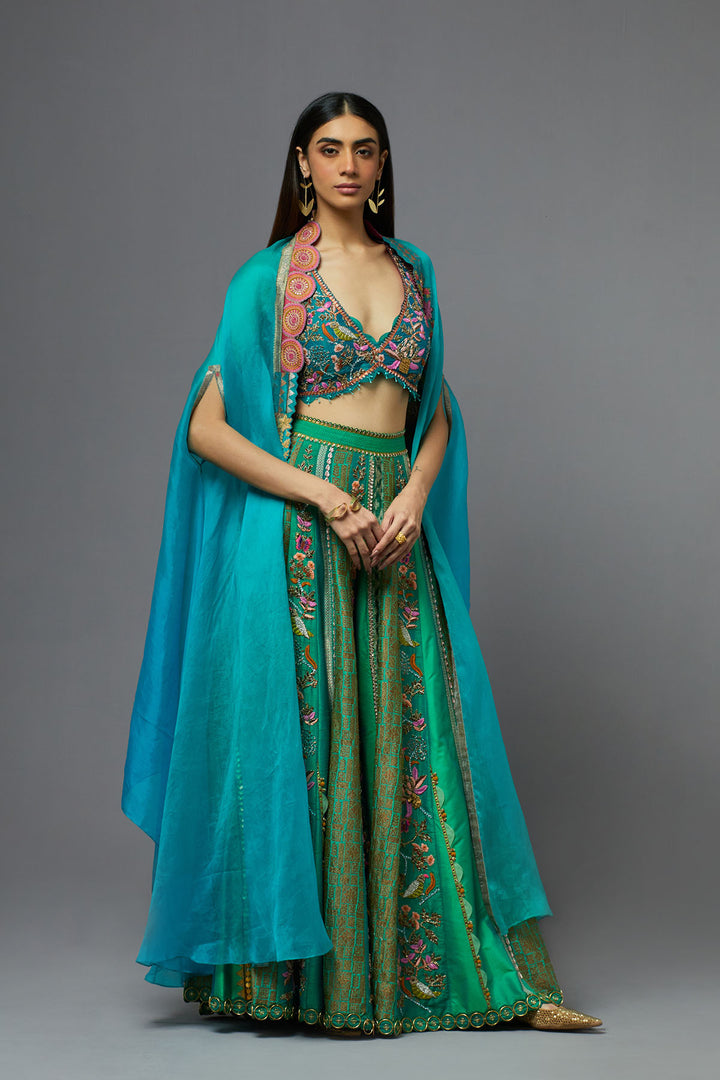 Green embroidered sharara set with ombre cape