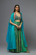 Green embroidered sharara set with ombre cape