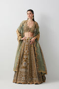 Olive Green Hand Embroidered Silk Brocade Lehenga Set