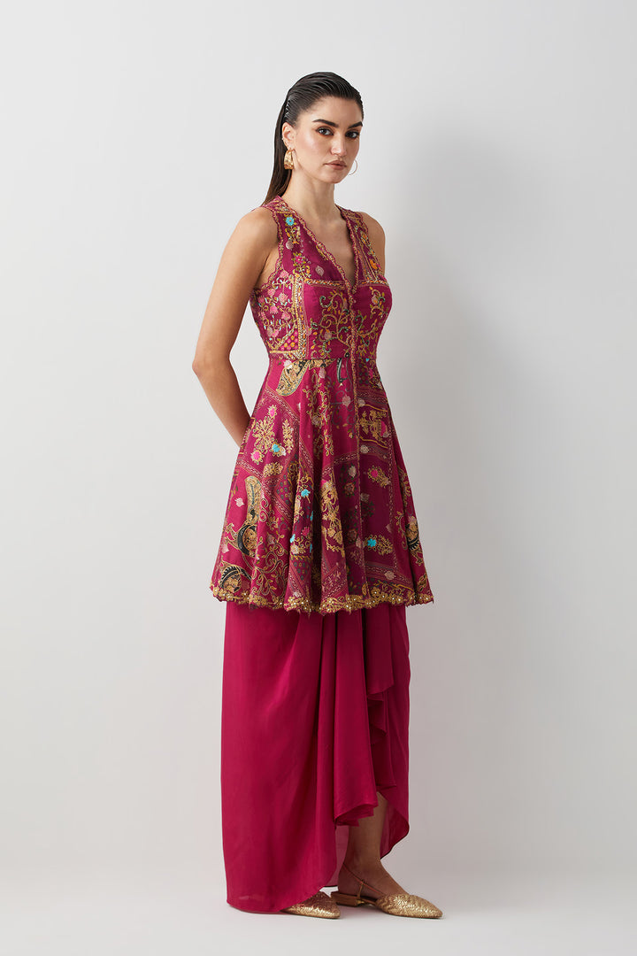Magenta embroidered peplum skirt set
