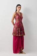 Magenta embroidered peplum skirt set