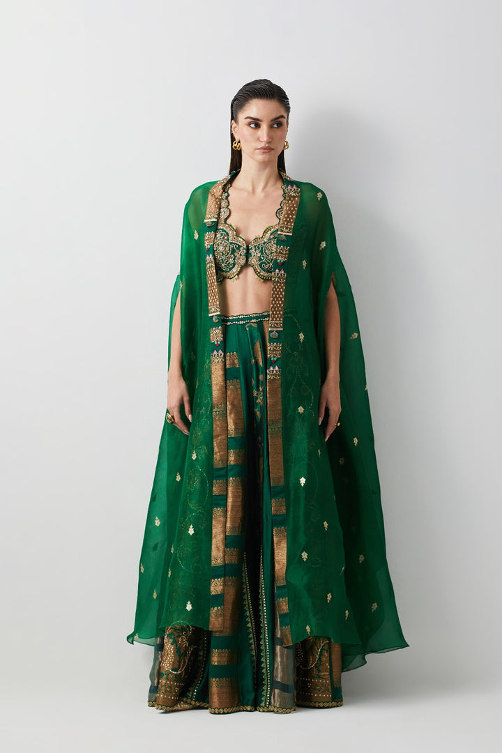 Emerald Green Hand Embroidered Cape Set
