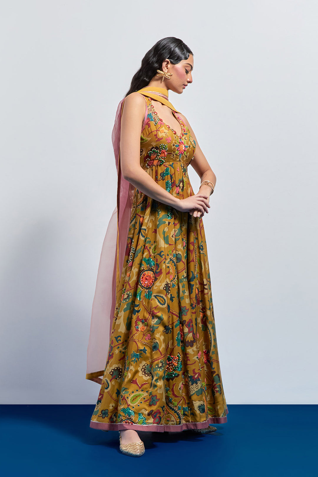 Mustard yellow hand embroidered anarkali set