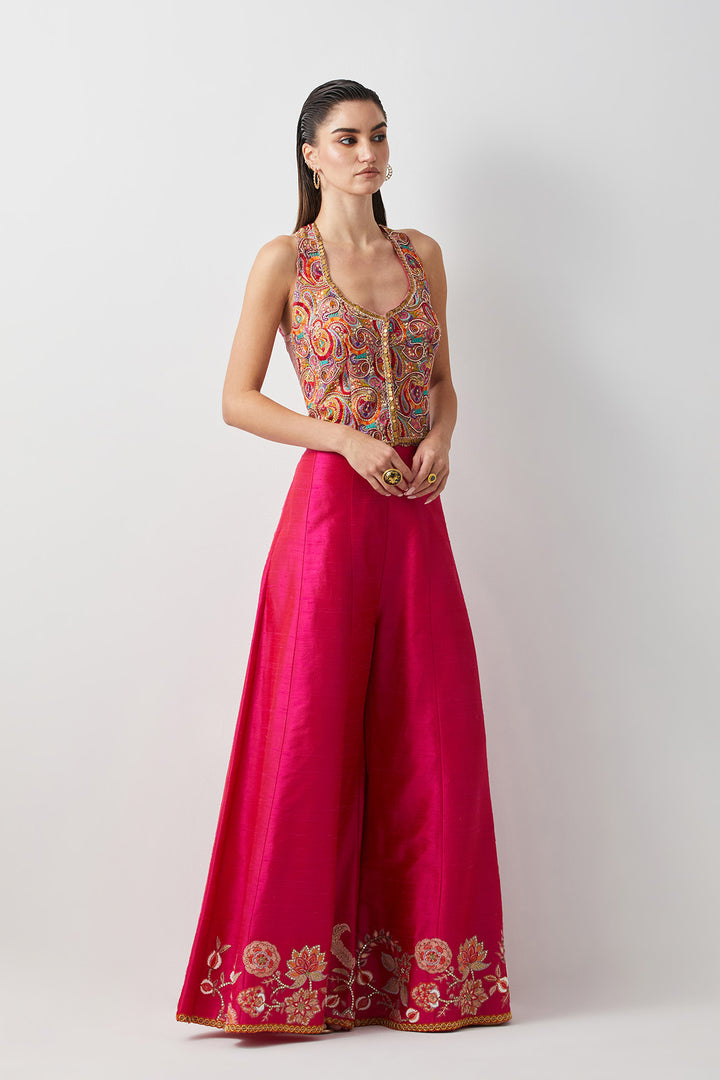Hot pink embroidered and multi corset plazzo set