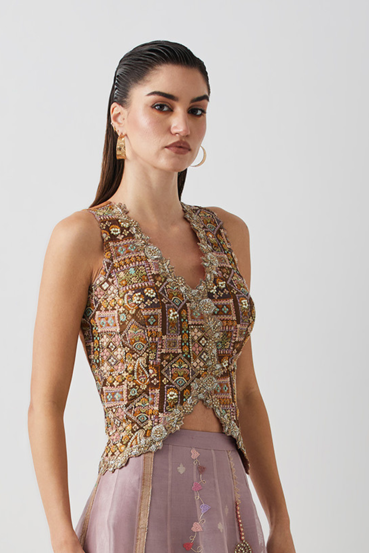 Blush Pink Embroidered Palazzo+Bronze Ornate Embroidered Corset