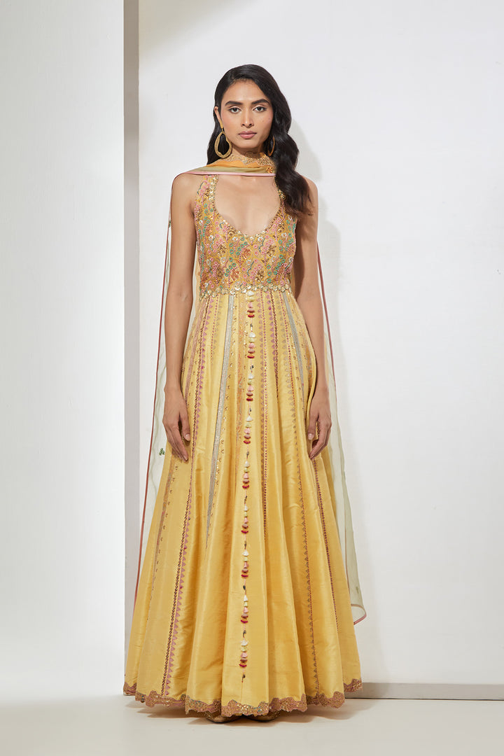 Mustard Yellow Sleeveless Anarkali with Multicolor Threadwork &amp; Tassel Detailing
