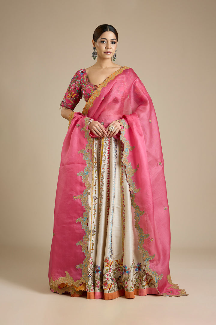 Ivory Embroidered Lehenga Set with Pink Organza Dupatta | RTS