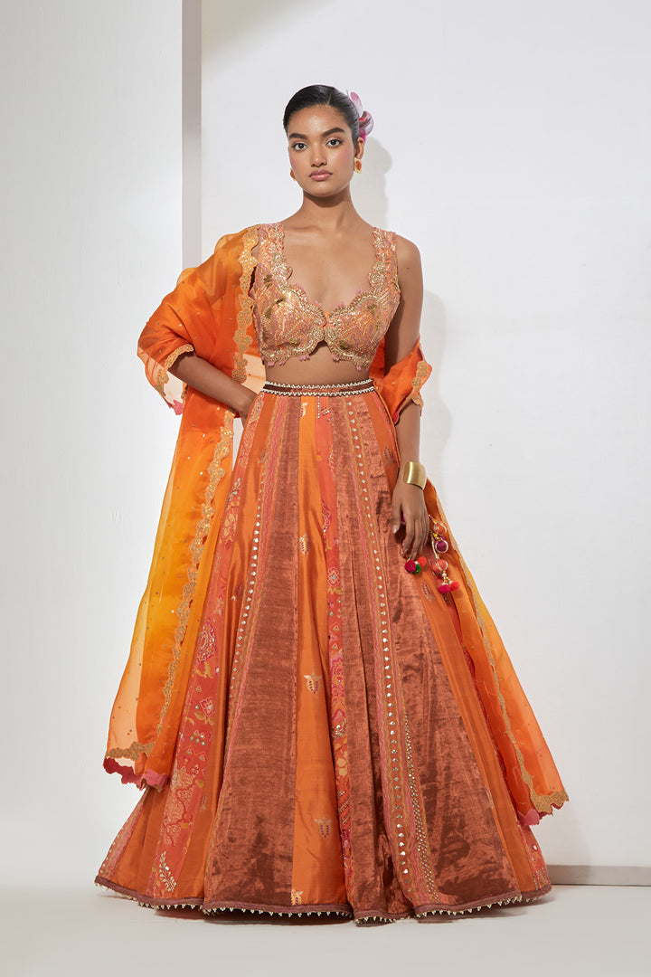 Sunset Orange Embroidered Lehenga Set with Dupatta