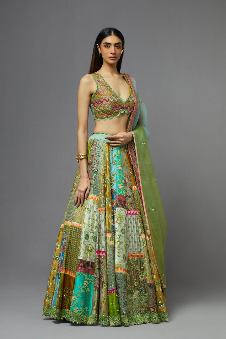 Multicolour panelled lehenga set with dupatta