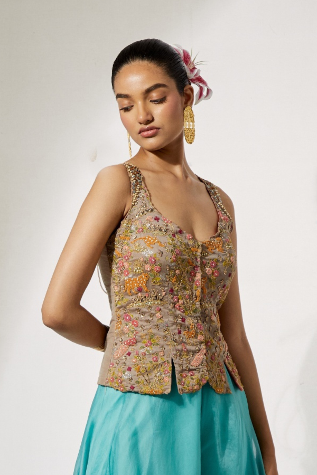 Teal Organza Flared Lehenga Skirt+Mustard Cheetah &amp; Floral Threadwork Waistcoat