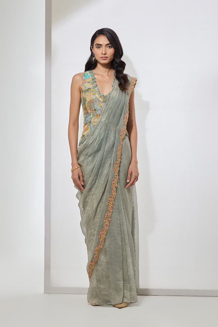 Powder Blue Embellished Pre-Draped Saree with Corset Blouse