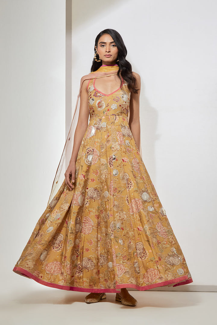 Yellow Floral Printed Anarkali Set with Organza Dupatta