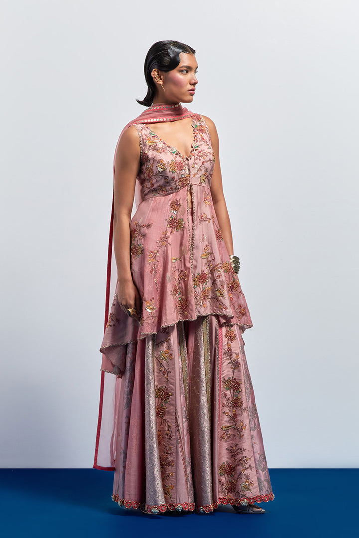 Blush pink embroidered peplum sharara set