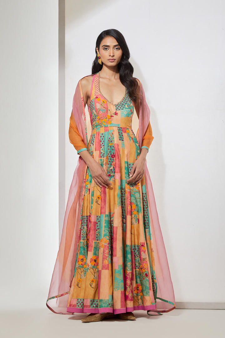 Pastel Floral Printed Anarkali Set