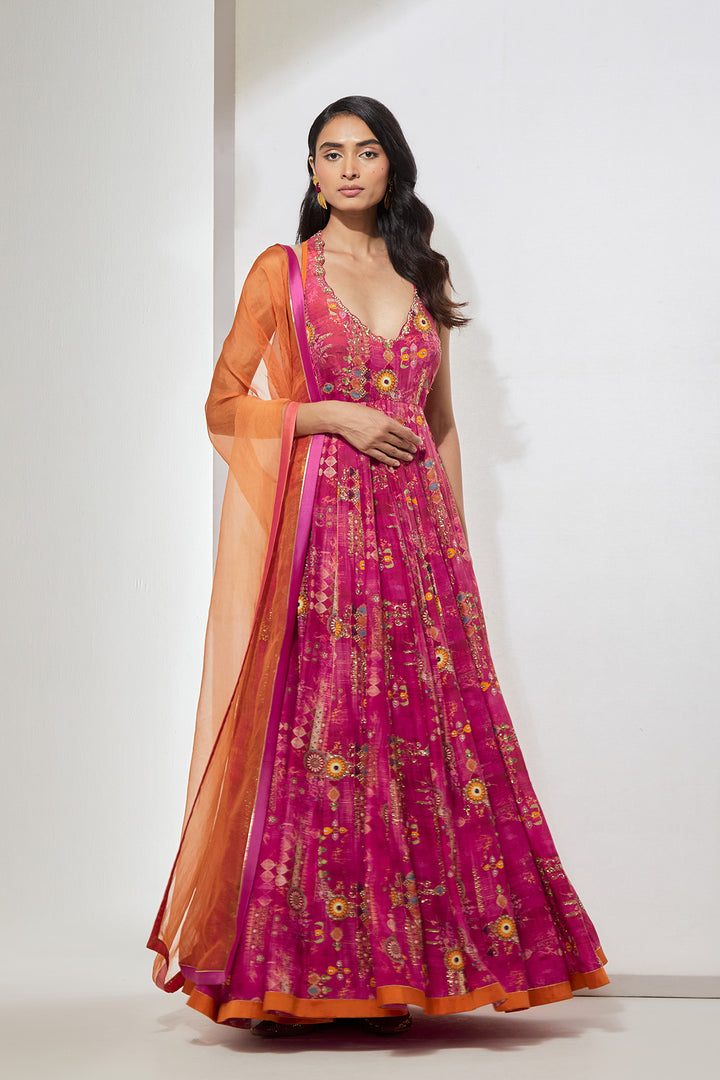 Fuchsia Floral Printed Anarkali Set