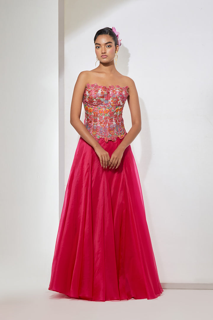 Pink Hand-Embroidered Silk Corset &amp; Organza Skirt Set.