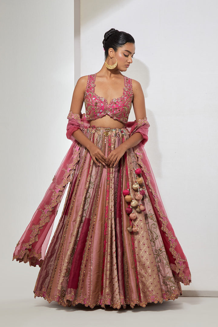 Baby Pink &amp; Hot Pink Multi-Panel Banarasi Silk Lehenga Set with Heavy Zardozi Scalloped Blouse
