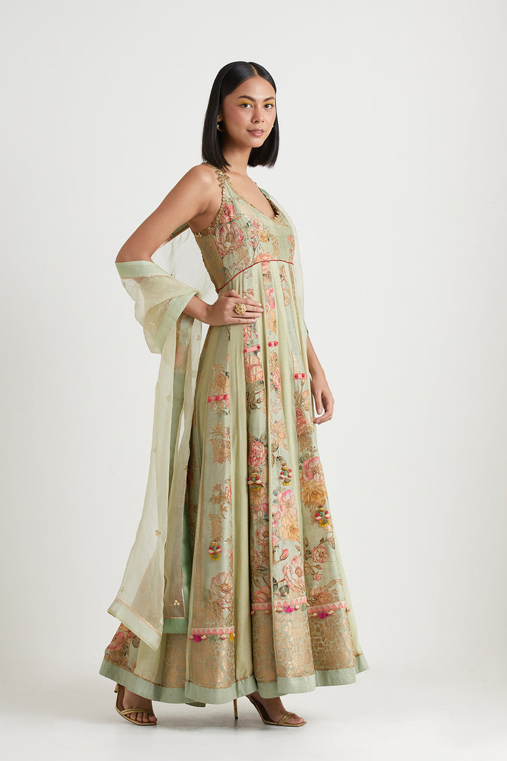 L. green printed embroidered anarkali with dupatta