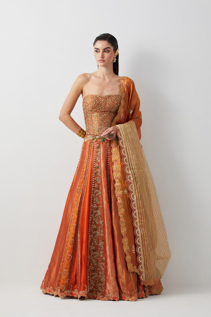 Roasted Carrot Hand Embroidered Lehenga Set with Organza Dupatta