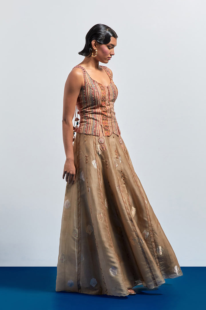 Beige embroidered skirt corset set