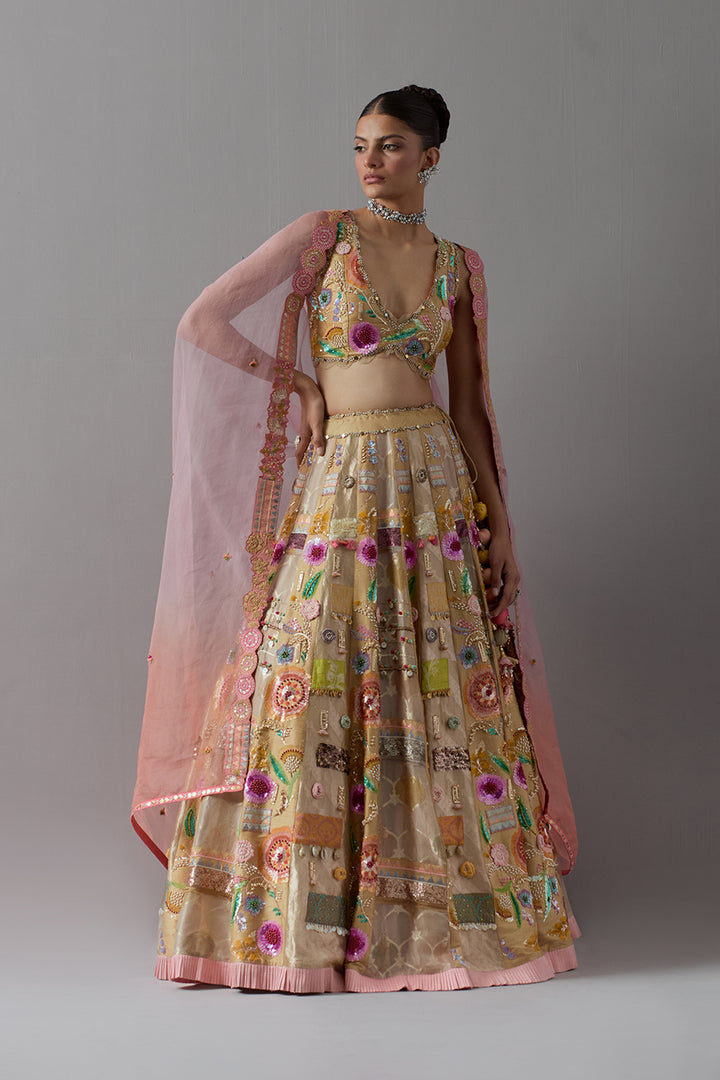 Beige Gold Embroidered Lehenga Set with Blush Pink Dupatta