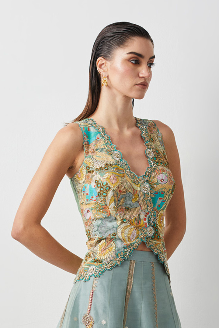 Aqua Gold Embroidered Corset