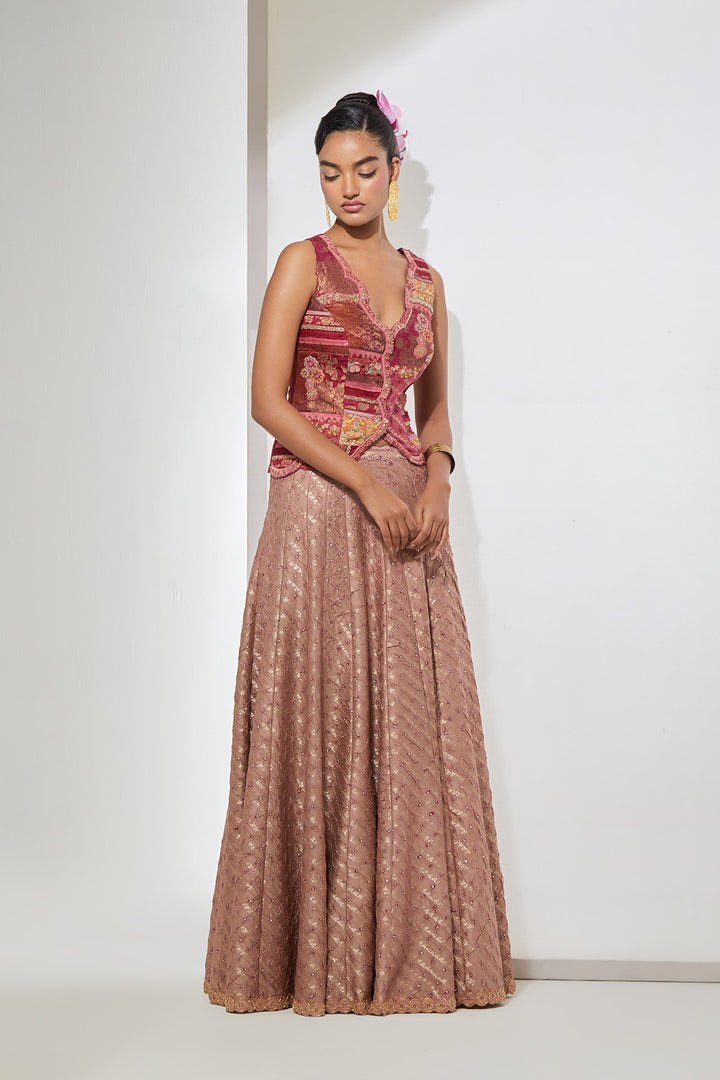 Mauve Pink Banarasi Patchwork Vest &amp; Bandani Silk Lehenga