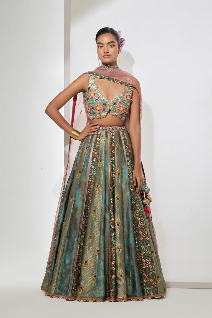 Turquoise Embroidered Lehenga Set with Ombre Dupatta