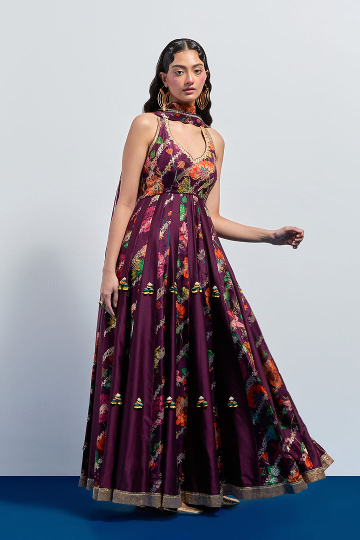 Wine multicolour anarkali set