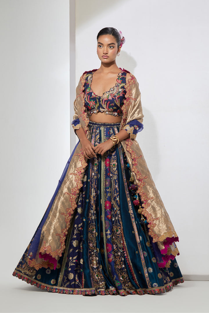 Midnight Blue Floral Embroidered Lehenga Set with Dupatta
