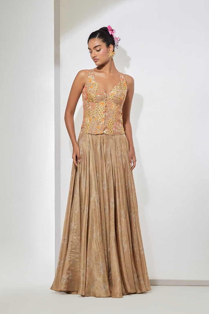 Champagne Gold Embellished Corset with Brocade Skirt Set