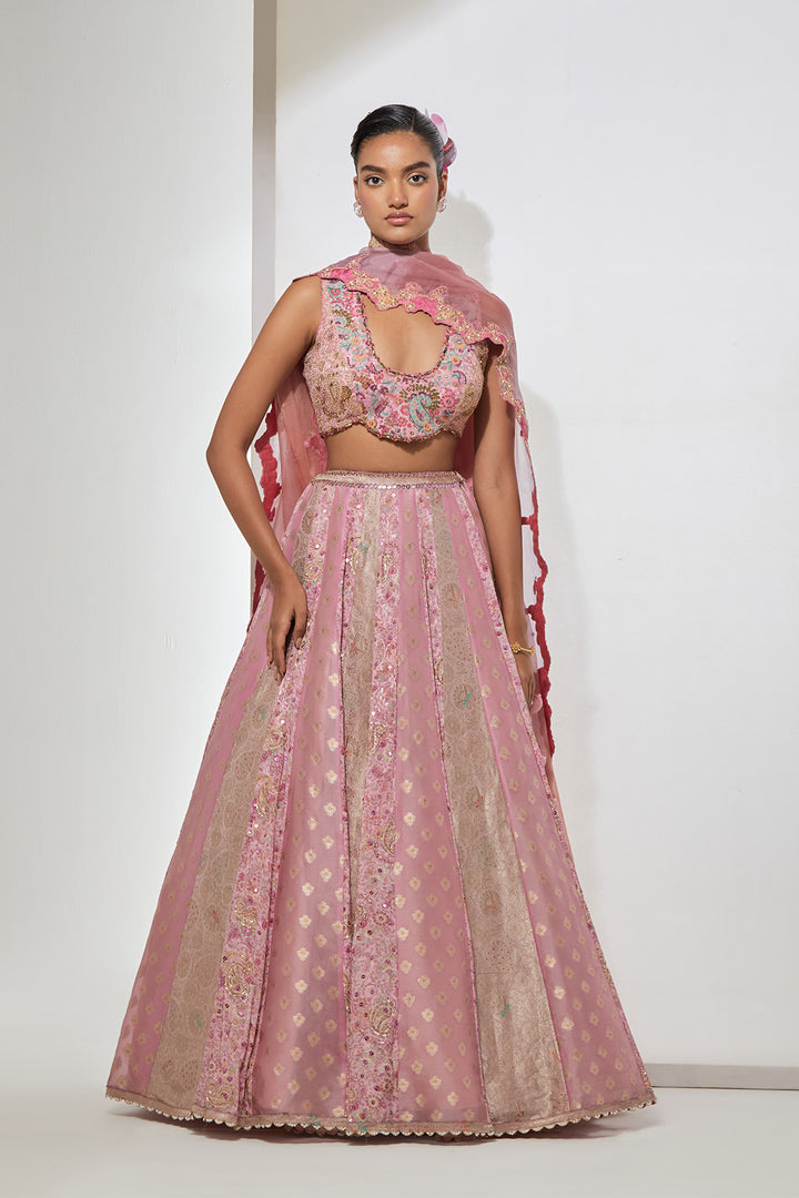 Pink Brocade Lehenga Set with Embellished Bralette &amp; Organza Dupatta