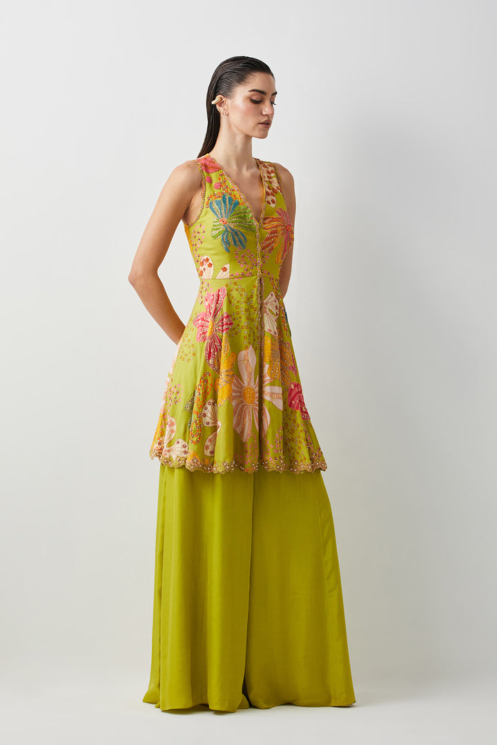 Lime green embroidered peplum sharara set
