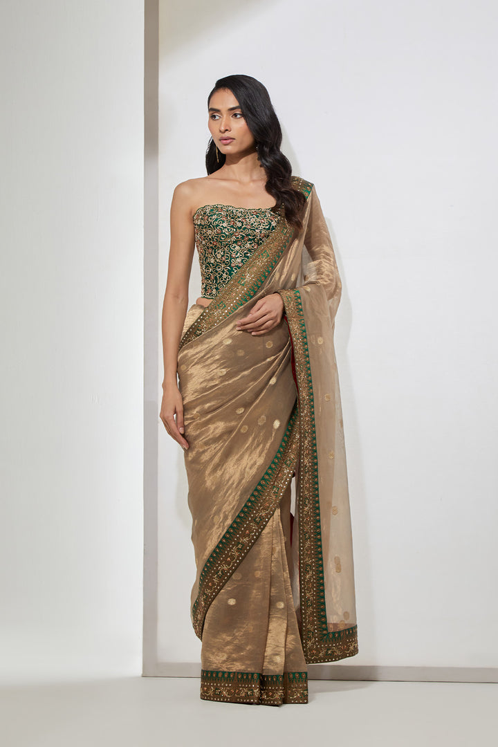 Antique Gold Tissue Saree with Emerald Green Border &amp; Heavy Corset Blouse
